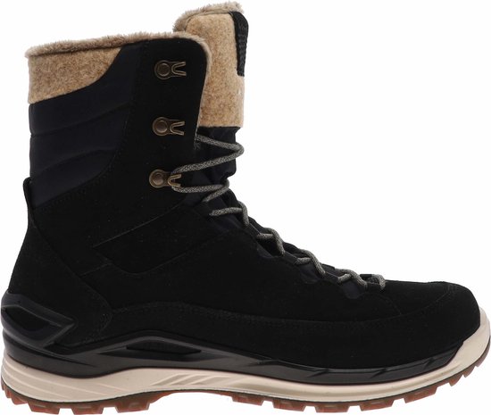 Zwarte, hoge wandelschoen met veters, beige bontvoering en beige zool.