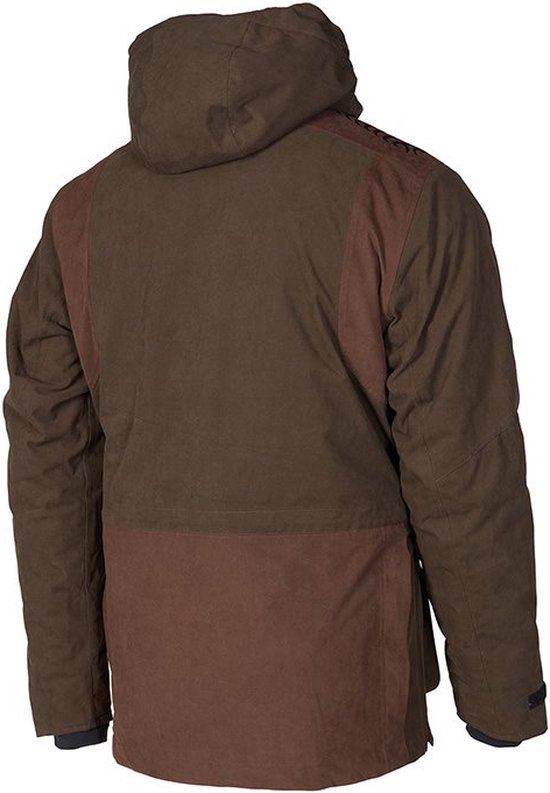 Achterkant van de bruine Browning jachtparka. De jas heeft een bruine capuchon en contrasterende bruine panelen op de rug en onderkant.