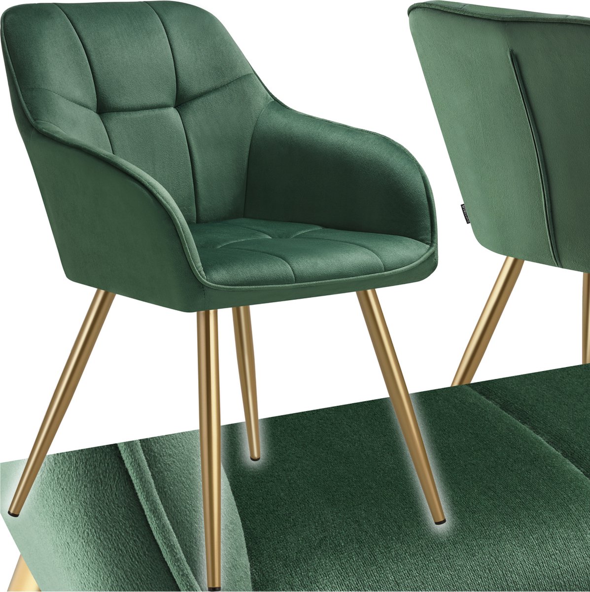 Tectake Eetkamerstoel Marilyn - Gestoffeerde Stoel in Fluweellook - Gecaptioneerd - Zwarte Stoelpoten - Ergonomische Keukenstoel - Met Doorlopende Rugleuning en Armleuningen - Stoel voor Woonkamer, Eetkamer, Slaapkamer - Groen