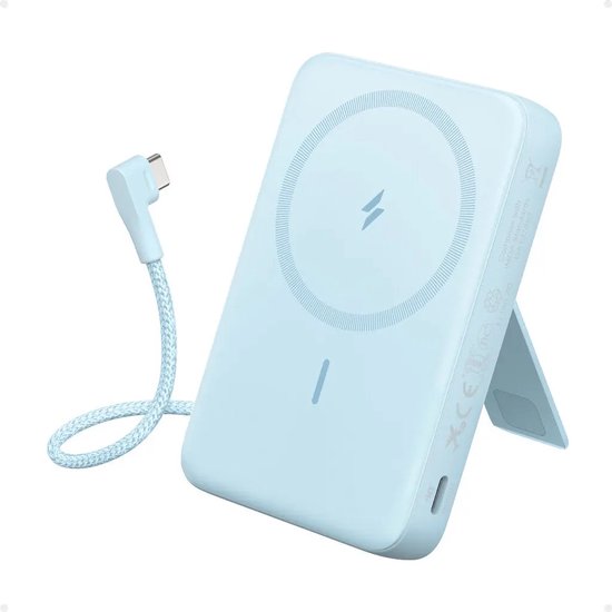 Anker New Zolo Magnetische Powerbank, Draagbare 10000mAh Draadloze Externe Batterij met 30W Max Snelladen, Ingebouwde USB-C Kabel en Verstelbare Stand Blauw