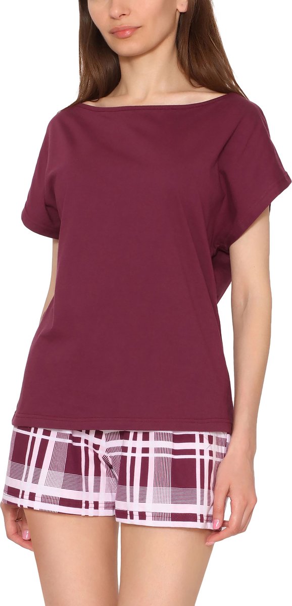 Merry Style Dames Pyjama - Korte mouwen - Korte broek - Katoen – Wijn rood/geruit – XL - MS-MS10-178-PJ