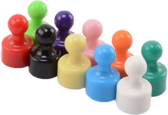 Een rij van tien gekleurde pionvormige magneten: rood, groen, paars, roze, oranje, geel, blauw, wit, zwart en donkergroen.