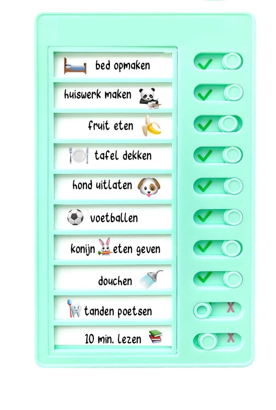 Groen planbord met takenlijst: bed opmaken, huiswerk maken, fruit eten, tafel dekken, hond uitlaten, voetballen, konijn eten geven.
