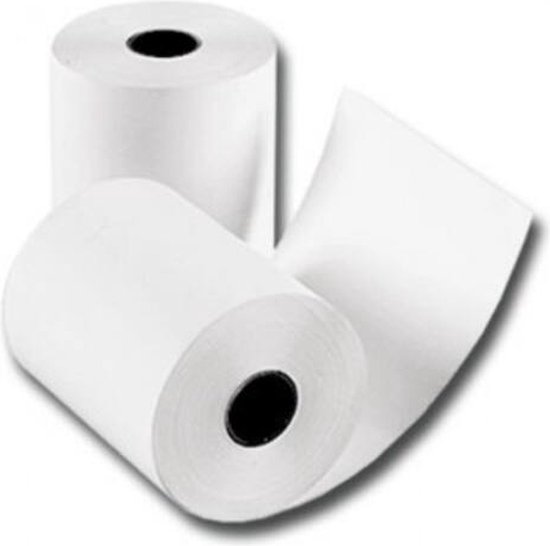 Twee rollen wit thermisch papier, de voorste rol is deels afgerold.