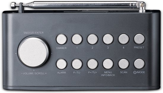 Grijze Lenco radio met zilverkleurige draaiknop, 10 knoppen en een telescopische antenne.