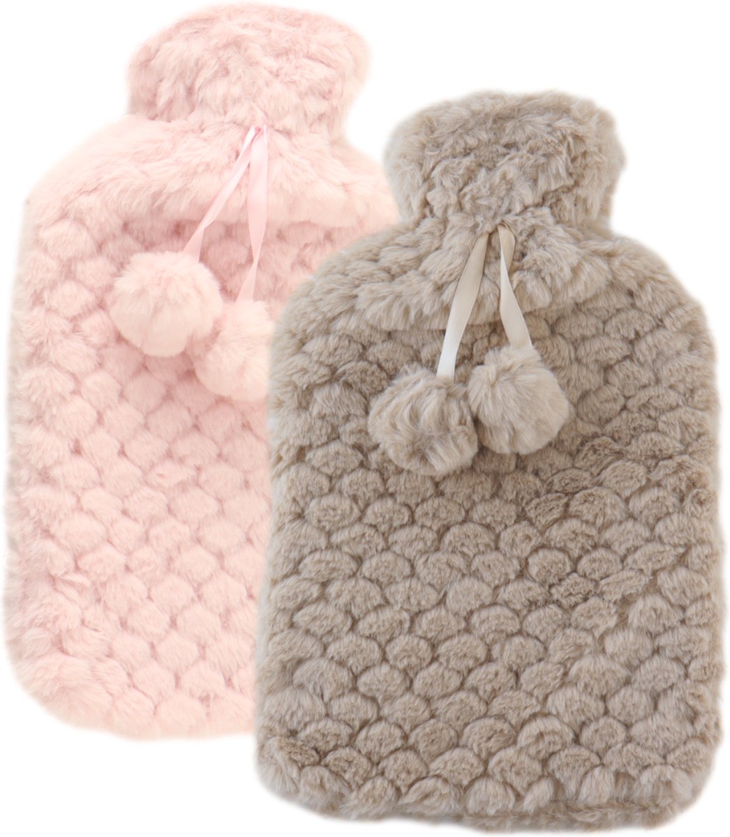 Goedkoopste MARBEAUX Warmwaterkruik - Set van 2 Stuks - Kruik - met Zachte Hoes - Beige en Roze - Magnetron - Kersenpitkussen