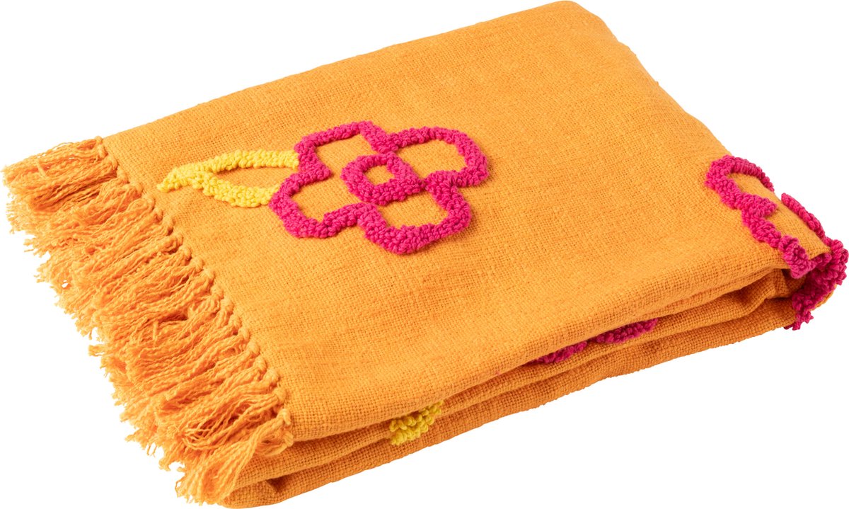 J-Line plaid Bloemen - katoen - oranje/roze/geel - 130 x 180 cm