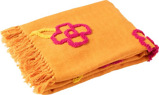 J-Line plaid Bloemen - katoen - oranje/roze/geel - 130 x 180 cm