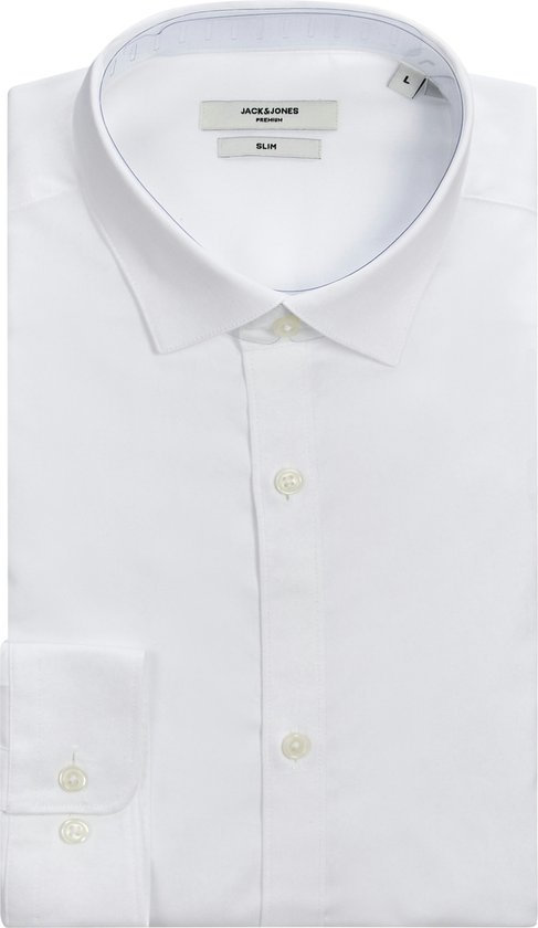 Wit Jack & Jones overhemd, slim fit, met knoopsluiting en dubbele knopen op de mouwboord.