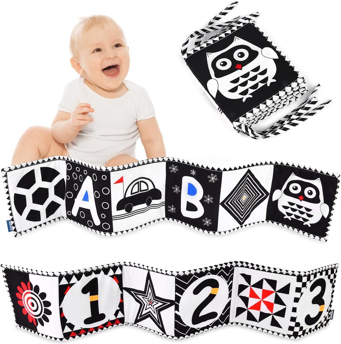 Image of 1 stuk - Baby Stoffen Boek - Hoog Contrast Zwart-Wit Baby Speelgoed Zacht Boek - Vroege Educatie Zintuiglijk Opvouwbaar Stoffen Boek - voor 0-12 Maanden pasgeboren（uil）