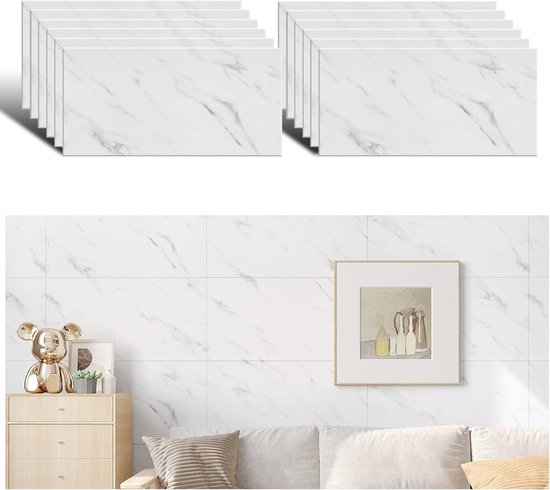 Tegelstickers, 10 stuks, keukenachterwand, zelfklevend, 30 x 60 cm, voor keuken, badkamer, slaapkamer, woonkamer (Ascot White