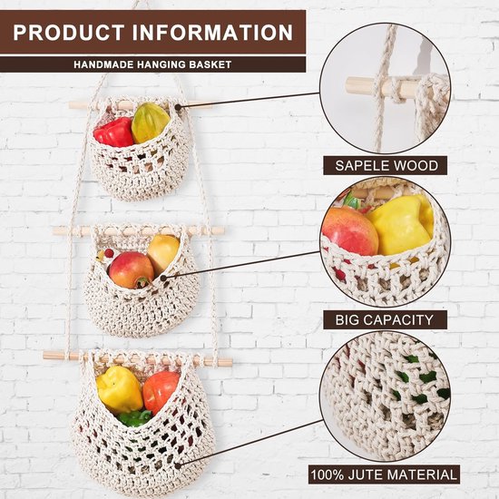 UFURMATE Fruit Groente Hangmat, 1 Set Beige Handgemaakte Macrame Hangmat met Haken Katoen Houder Net Onder Kast Opknoping Fruit & Veggie Mand om Keuken Ruimte Te Besparen