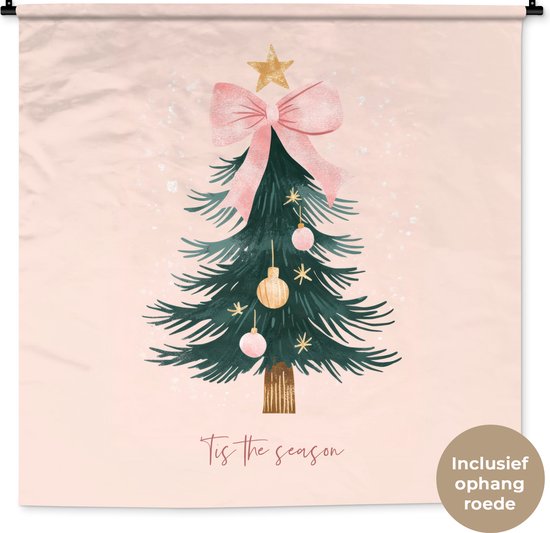 Wandkleed 120x120 cm - Wanddoek Christmas Season - Kerst - Kerstboom - Roze - Wandtapijt - Wandkleden - Kerstdecoratie voor binnen - Kerstversiering woonkamer decoratie - Kerstmis versiering in huis - Christmas decorations - Kerstaccessoires