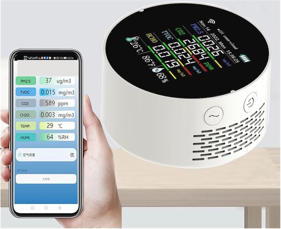 Moniteur de qualité de l'air 7 en 1 pour PM2,5, CO2, TVOC, HCHO, température et humidité avec contrôle APP et fonction d'alarme