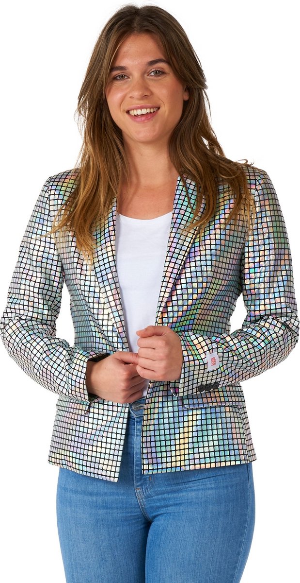 OppoSuits Discoballer - Dames Blazer - Glimmend Disco Bal Colbert - Carnavalskleding - Zilver - Maat: EU 40