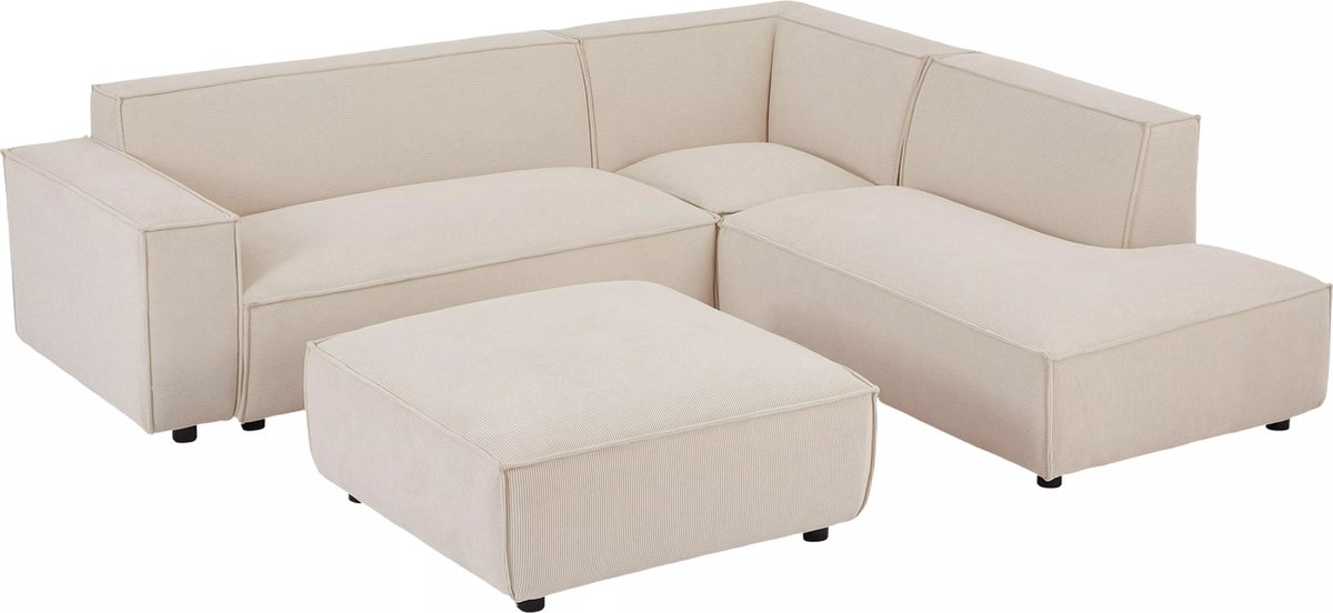 Vente-unique Grote hoekbank met rechterhoek en poef van beige ribfluweel BORORE