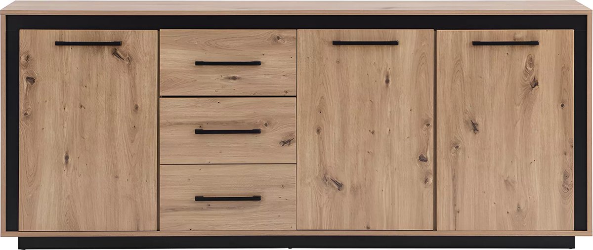 Vente-unique Dressoir met 3 deuren en 3 laden van MDF - Natuur en zwart - NALAMANE Natuurlijk licht