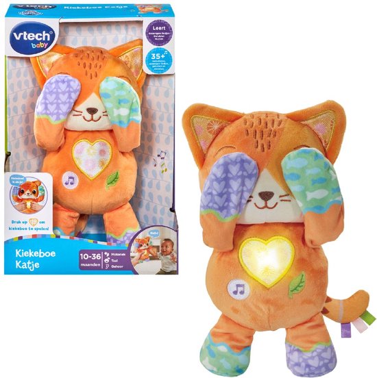 Oranje VTech Baby Kiekeboe Katje knuffel met hartvormige lamp en paarse en groene pootjes met hartjes- en visjespatroon.
