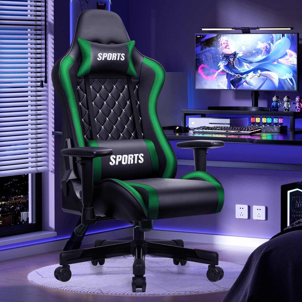 Hiaonyx gamestoel - gaming stoel met 170° verstelbare rugleuning - In hoogte verstelbare armleuningen Game Stoel - Maximale Belastbaarheid 150kg - Groente