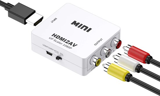 Adaptateur blanc HDMI2AV upscaler 1080P avec ports d'entrée/sortie et trois câbles RCA, avec câble HDMI.