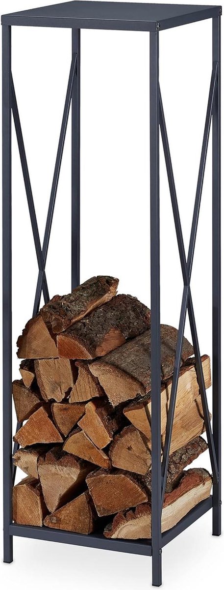 Brandhoutrek van staal voor buiten en binnen - modern design - afmetingen 112 x 34 x 34 cm - grijs