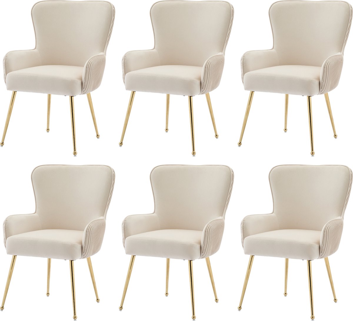 Merax Set van 6 Eetkamerstoelen met Armleuningen – Luxe Fluwelen Stoelen met Gouden Poten en Lendensteun – Beige