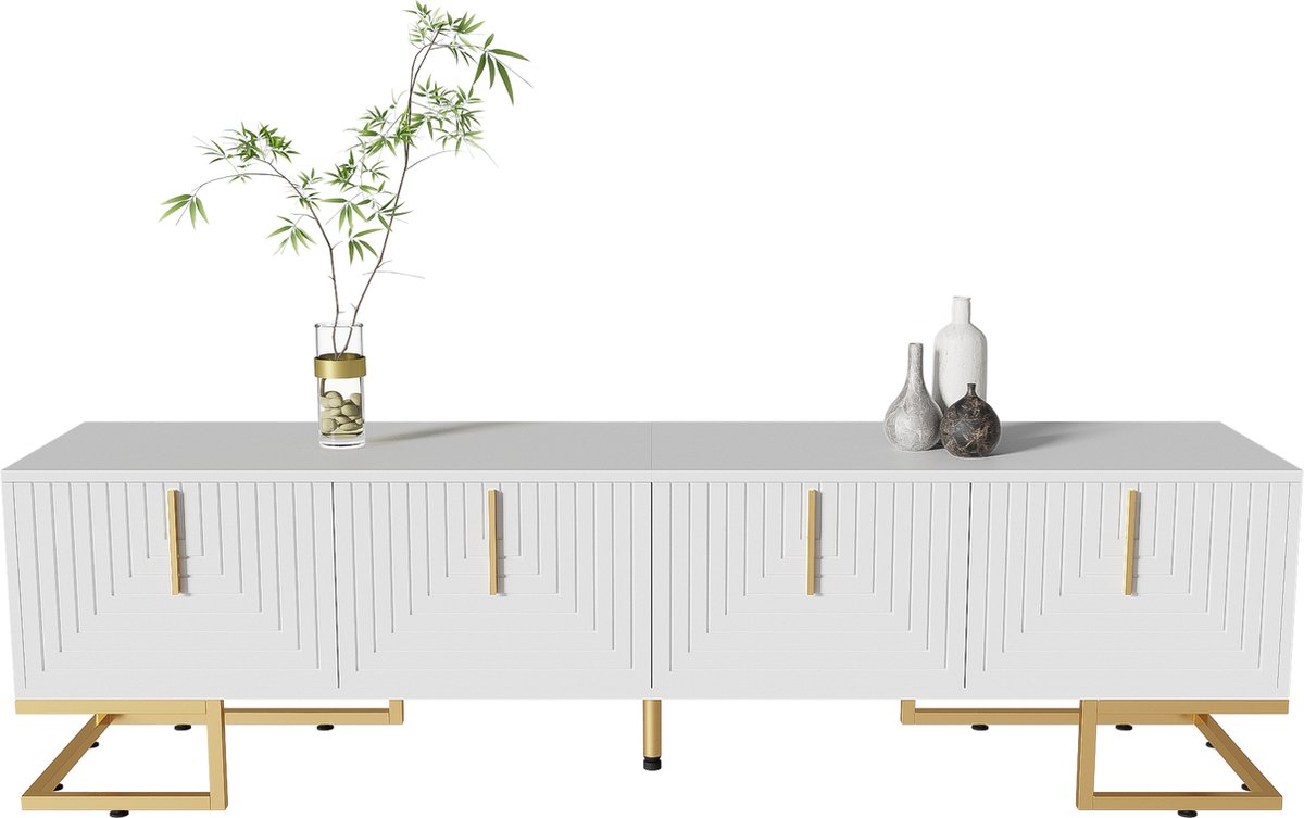 Merax TV Meubel 170 cm – Wit met Gouden Accenten – Moderne Kast met Deuren en Opbergruimte – Geschikt voor TV tot 75 inch