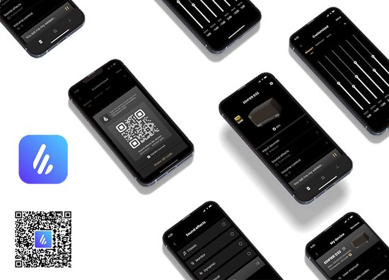Tientallen smartphones met de Edifier app geopend. De app toont instellingen en een QR-code.