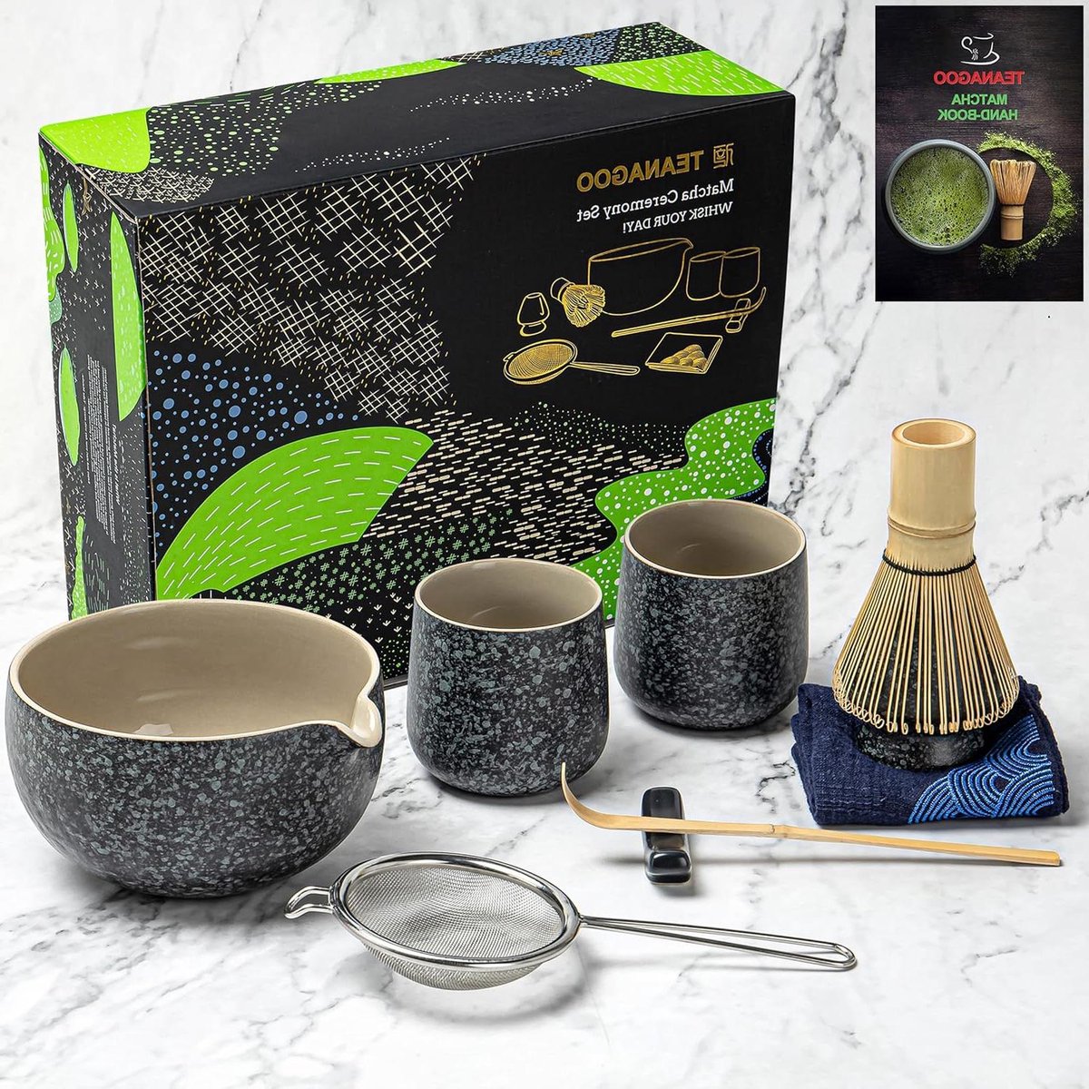 Matcha Whisk Bowl with Pouring Spout Scoop Holder Tea Making Kit - Japanese Set 7 Pieces 2 Cups 7.2oz S1 Charcoal Grey Kit