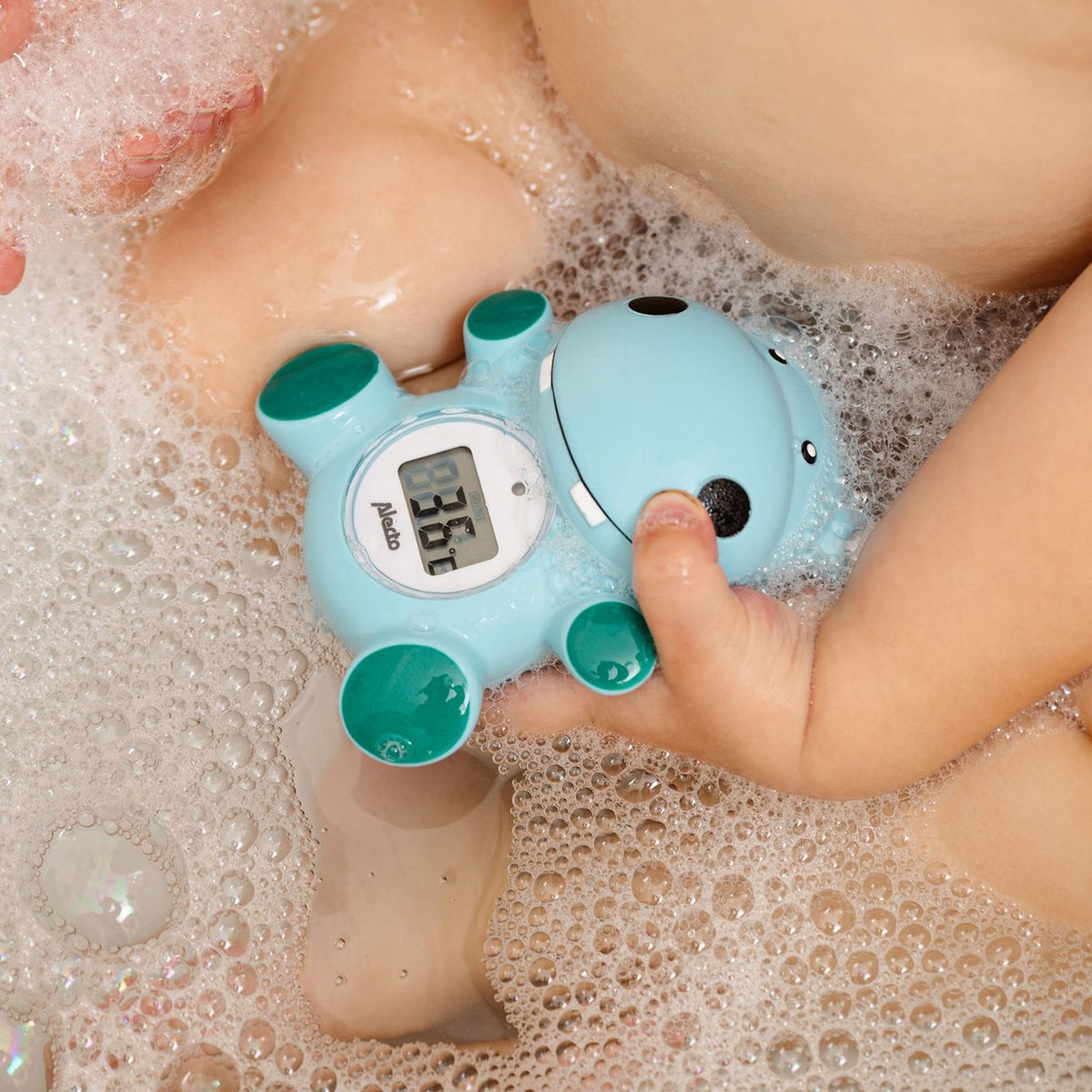 Thermomètre De Bain Bébé Alecto BC-11 Hippo - Vert, Mesure Eau Et Air, Alarme Sécurité