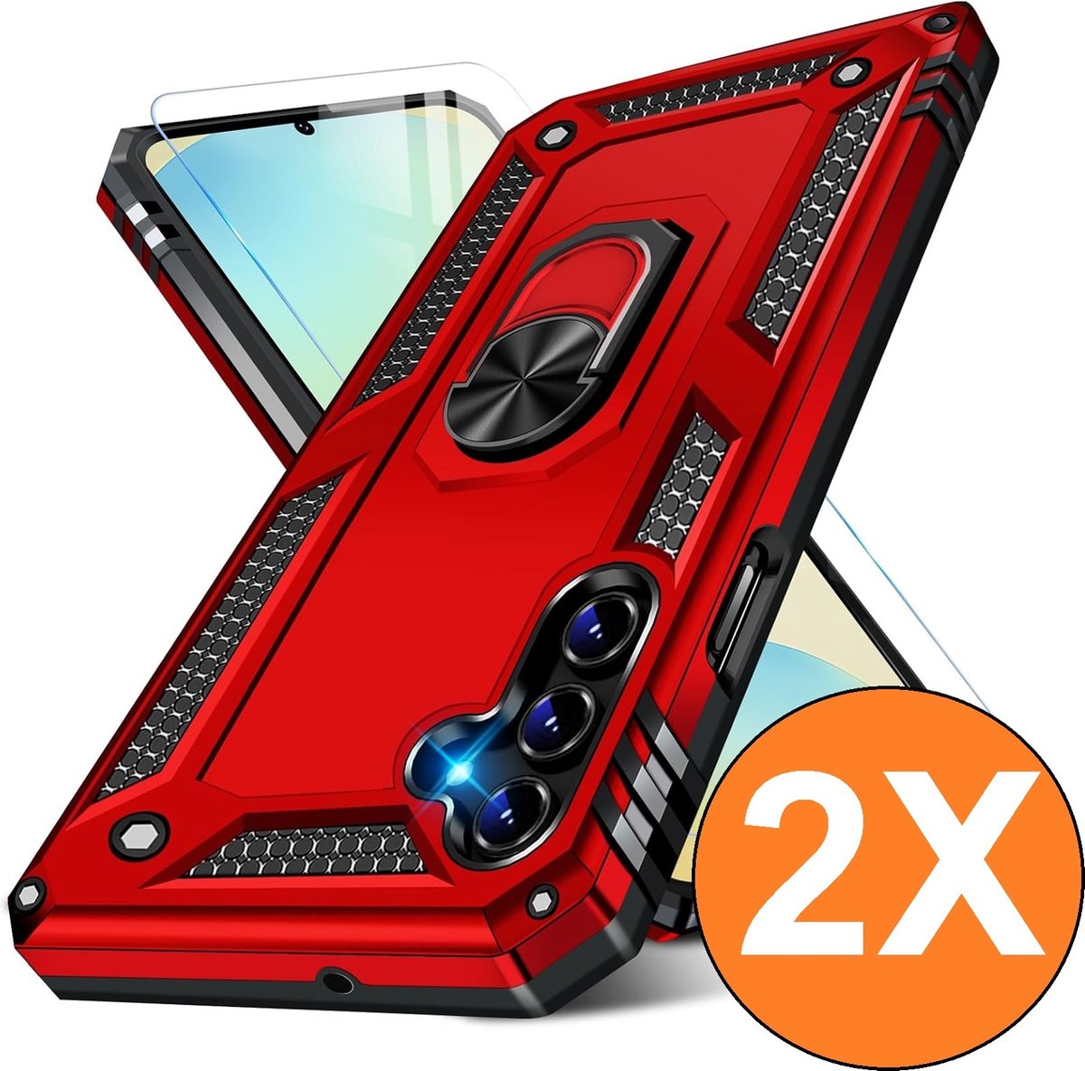 Hoesje Geschikt voor Samsung Galaxy S24 FE Hoesje Rood Anti-Shock Hybrid Armor hoesje Met Draaibare Ring Houder - Samsung S24 FE Screenprotector 2 pack