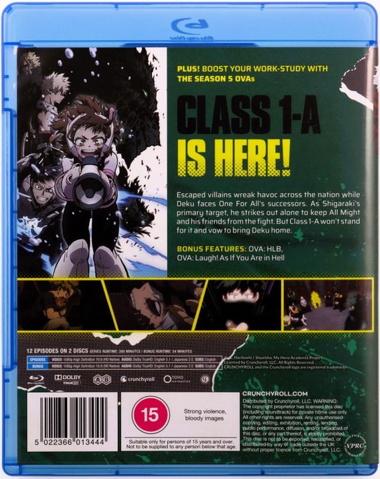 Achterkant Blu-ray hoes My Hero Academia seizoen 5 met personages, waaronder Uraraka met megafoon.