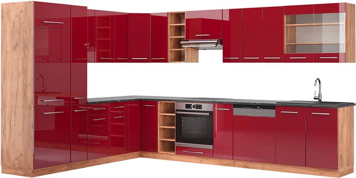 Vicco Hoekkeuken Fame-Line, Bordeauxrode hoogglans/Goudkleurig Eiken, 347 x 257 cm, WB Antraciet