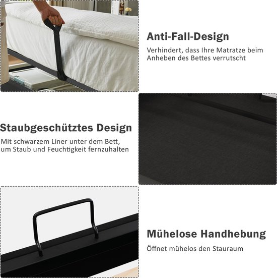 Lit double Merax 160x200 cm avec tête de lit LED et fonction de charge USB-C - Lit hydraulique avec sommier à lattes et espace de rangement - Matelas inclus - Grijs
