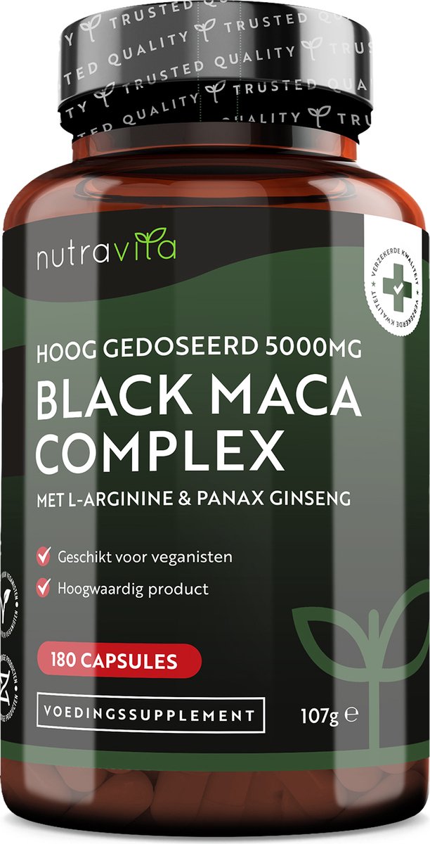 Goedkoopste Nutravita Maca Wortel Capsules 5000mg (Hoge Sterkte) - 180 Vegan Black Maca capsules (6 maanden voorraad), goed voor Energie, Libido en Vitaliteit , 100 Peruaanse met L-Arginine, Panax Ginseng & Peper