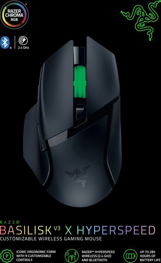 Zwarte Razer Basilisk V3 X Hyperspeed draadloze gaming muis, met groene accenten en logo's.