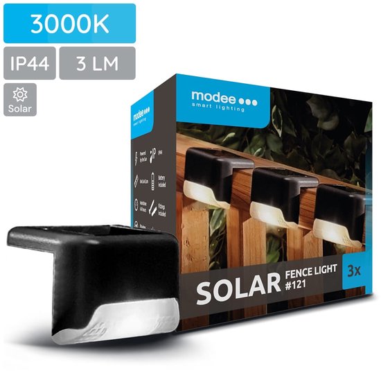 Modee Solar Buitenlamp LED - Schutting Verlichting op Zonne Energie - IP44 - 4.5x8cm - Warm Wit Licht - Set van 3