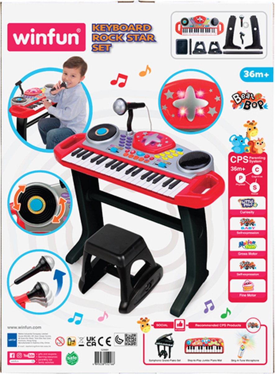 WINFUN Keyboard Rock Star Set (ROOD) met 37 toetsen, knipperende lichten en DJ-scratpad