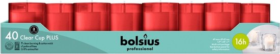 Verpakking van 40 rode Bolsius kaarsen, Clear Cup PLUS, met specificaties.