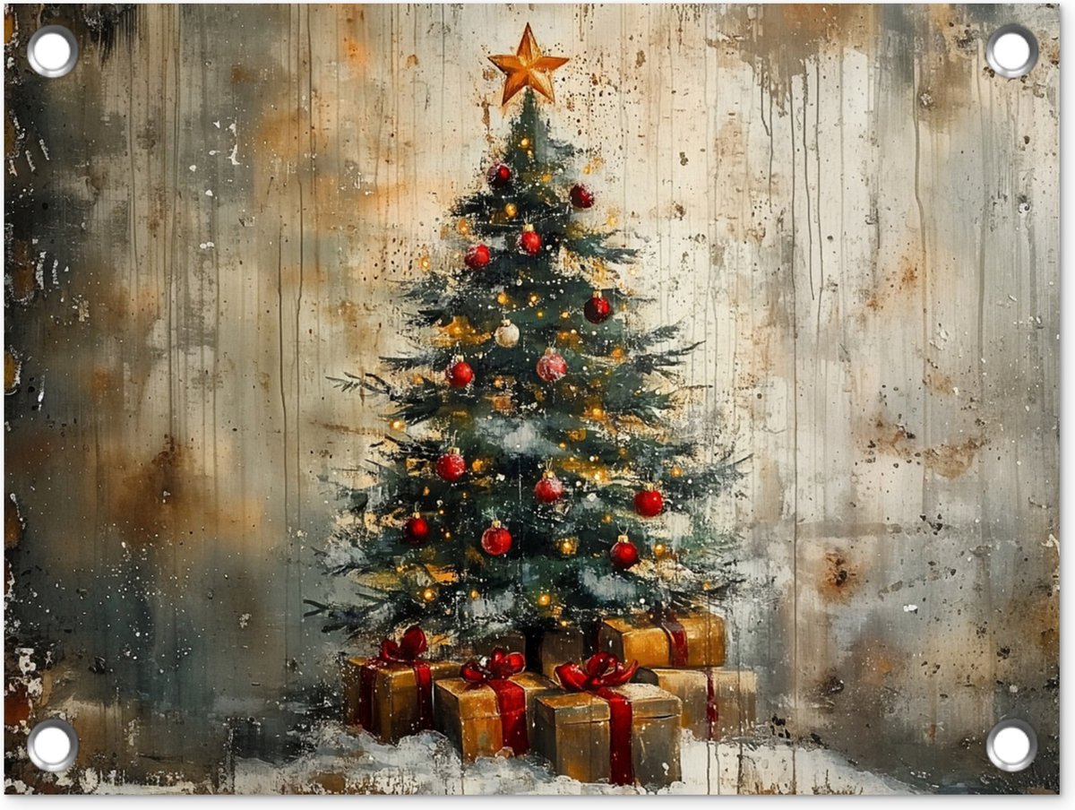 Tuinposter 40x30 cm met vintage kerstboomdecoratie voor buiten - Perfecte kerstversiering voor de tuin.