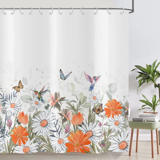 Epinki Douchegordijn Hoek Bloemen Bladeren, Polyester Badgordijn