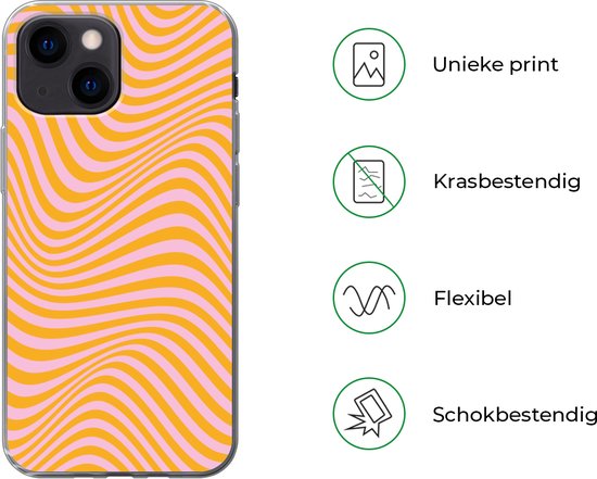 Coque pour iPhone 13 mini à motif ondulé orange et rose, avec des informations sur 'Impression unique', 'Résistant aux rayures', 'Flexible', 'Résistant aux chocs'.