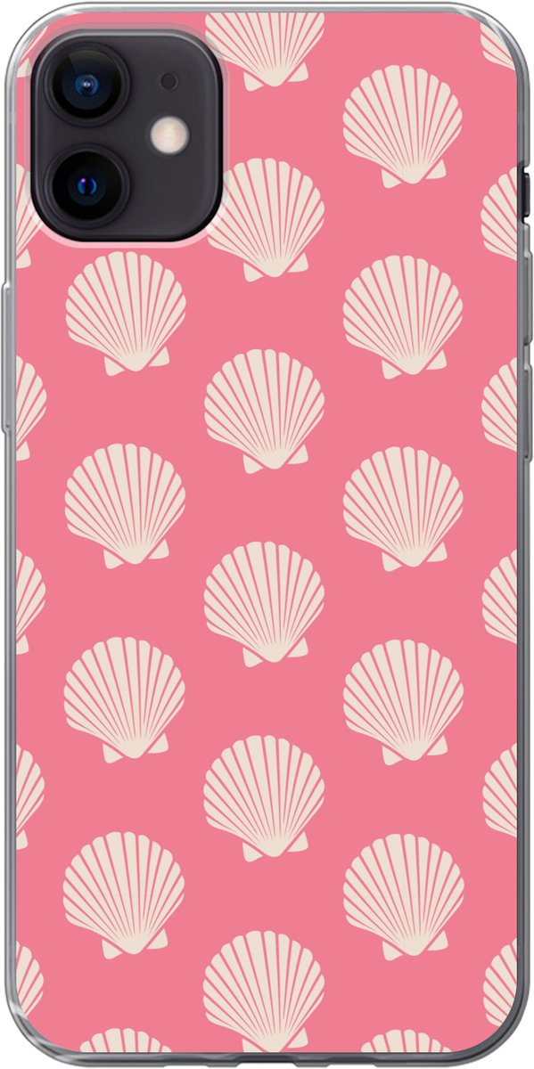 Telefoonhoesje Geschikt voor iPhone 12 mini hoesje - Schelpen - Patroon - Roze - Wit - Strand - Siliconen Telefoonhoesje Telefoonhoesje