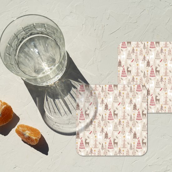 Sous-verres verres pour verres - Sapin de Noël - Rennes - Beige - Motifs - Noël - 10x10 cm - Sous-verres en verre - 6 pièces - Décoration de table de Noël - Décoration de table de Noël - Décoration de table