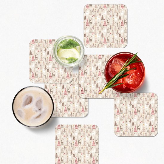Sous-verres verres pour verres - Sapin de Noël - Rennes - Beige - Motifs - Noël - 10x10 cm - Sous-verres en verre - 6 pièces - Décoration de table de Noël - Décoration de table de Noël - Décoration de table