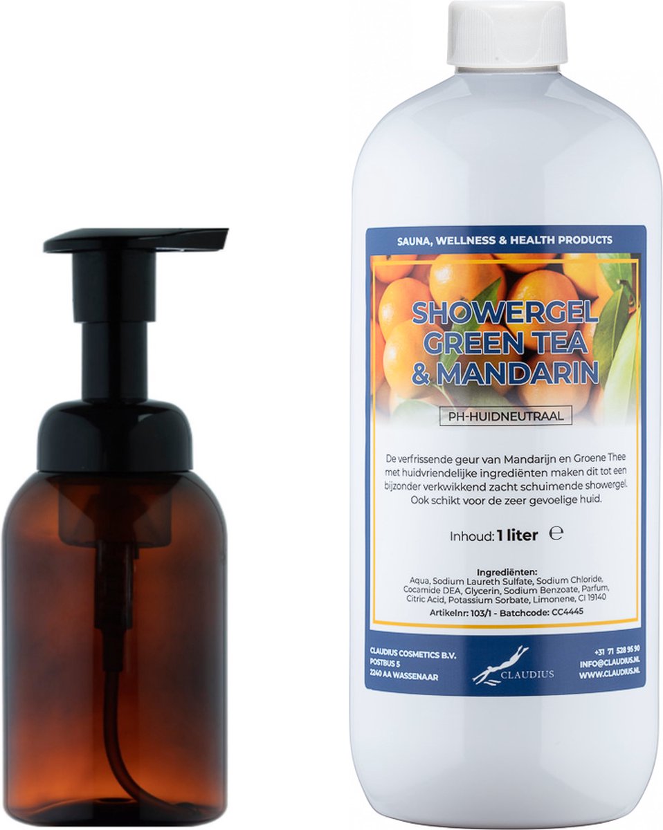 Goedkoopste Zeepdispenser 300 ml amber bruin hervulbaar 1 liter Showergel Green Tea & Mandarin navulling