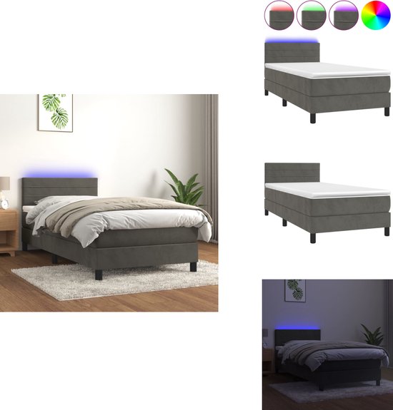 vidaXL Lit - Sommier tapissier de Luxe avec LED - 203x90x78/88 cm - Gris foncé - Tissu velours - Lit