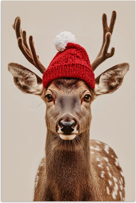 Poster 60x90 cm - Hert - Kerst - Muts - Dieren - Winter - Grappig - Posters - Kamer decoratie - Wanddecoratie woonkamer - Muurdecoratie slaapkamer - Kerstversiering - Kerstdecoratie voor binnen - Kerstmis