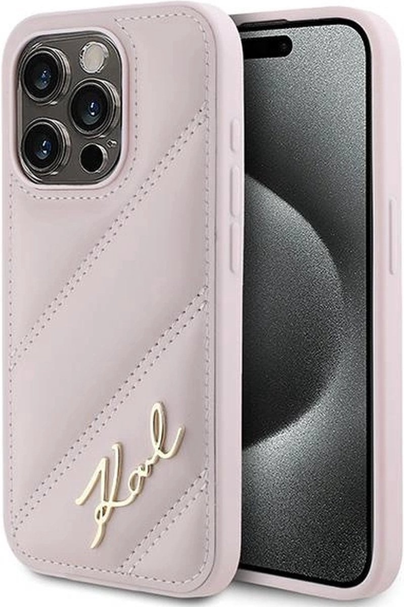 Karl Lagerfeld Diagonal Quilted Script hoesje voor iPhone 15 Pro - roze