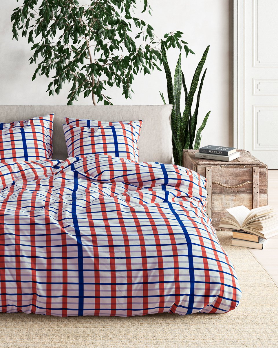 Mistral Home - DEKBEDOVERTREK - recycled katoen renforcé - 260 x 240 cm + 2x 65 x 65 cm - extra breed - ruiten - oranje- Duurzaam